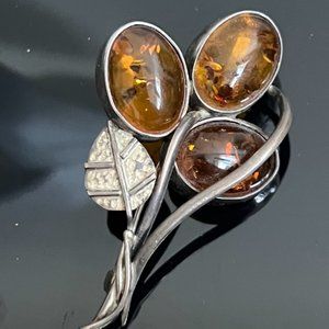 VINTAGE 925 STERLING SILVER HONEY BALTIC AMBER LARGE FLOWER BROOCH